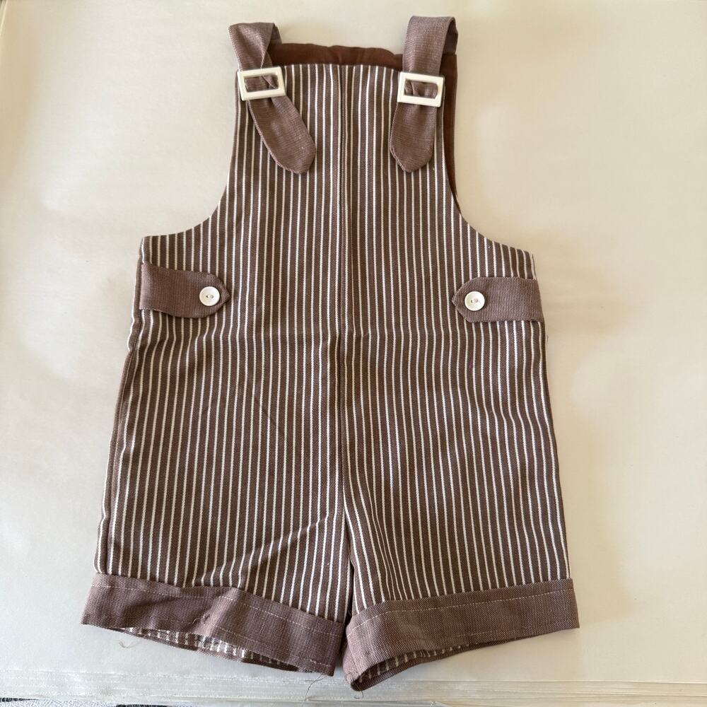 70s Vintage Baby Brown Pinstripe Overalls with white buckles | Size 18 months